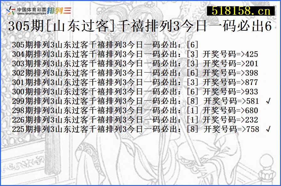 305期[山东过客]千禧排列3今日一码必出6