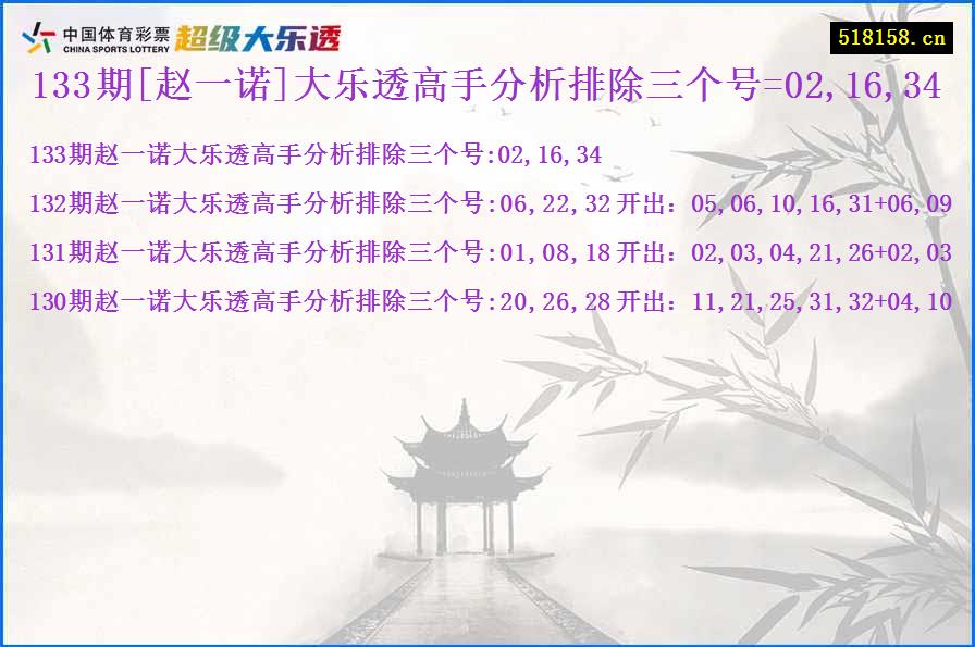 133期[赵一诺]大乐透高手分析排除三个号=02,16,34