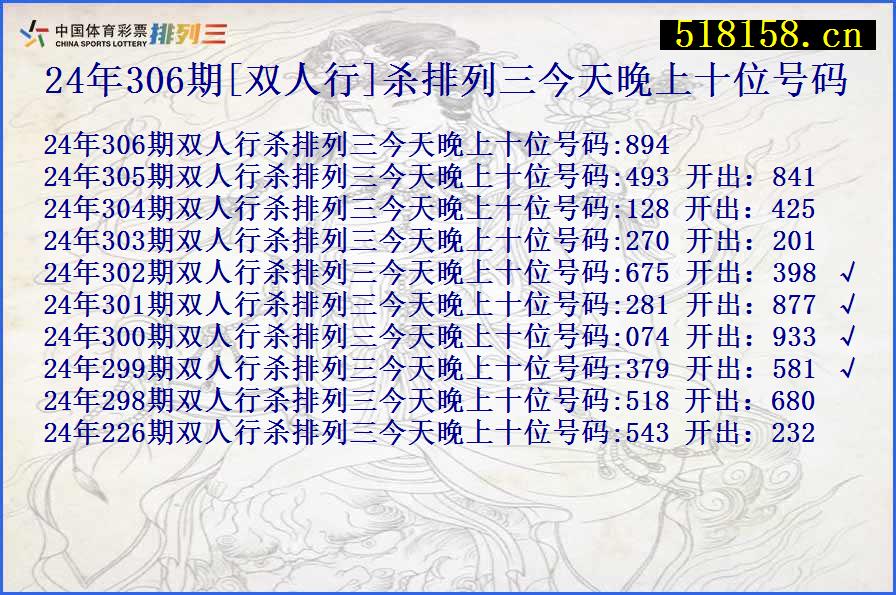 24年306期[双人行]杀排列三今天晚上十位号码