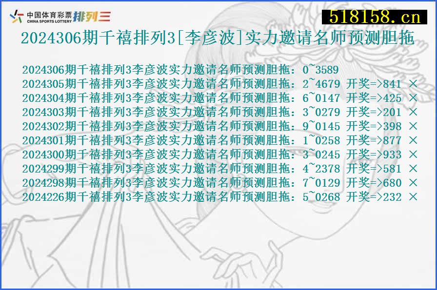 2024306期千禧排列3[李彦波]实力邀请名师预测胆拖