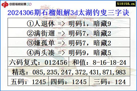 2024306期石榴姐解3d太湖钓叟三字诀