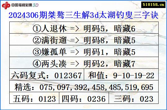 2024306期桀骜三生解3d太湖钓叟三字诀