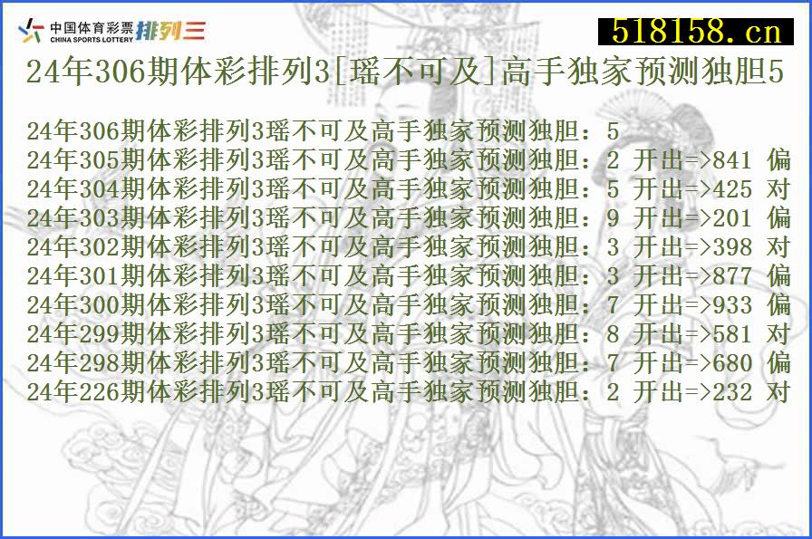 24年306期体彩排列3[瑶不可及]高手独家预测独胆5