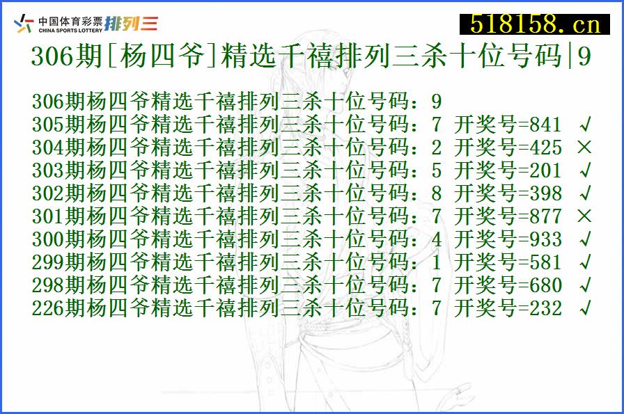 306期[杨四爷]精选千禧排列三杀十位号码|9