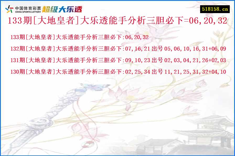 133期[大地皇者]大乐透能手分析三胆必下=06,20,32