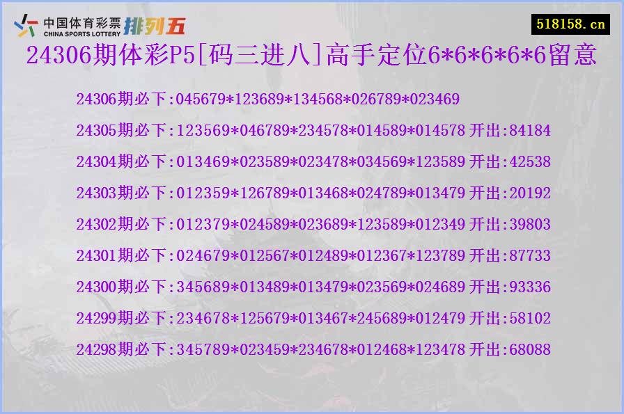 24306期体彩P5[码三进八]高手定位6*6*6*6*6留意