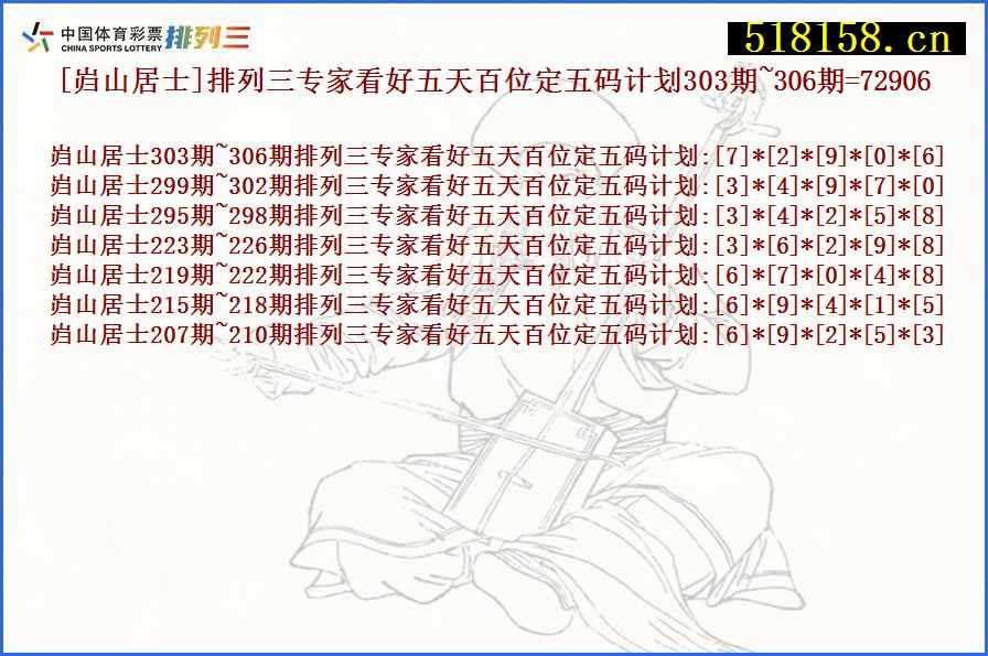 [岿山居士]排列三专家看好五天百位定五码计划303期~306期=72906