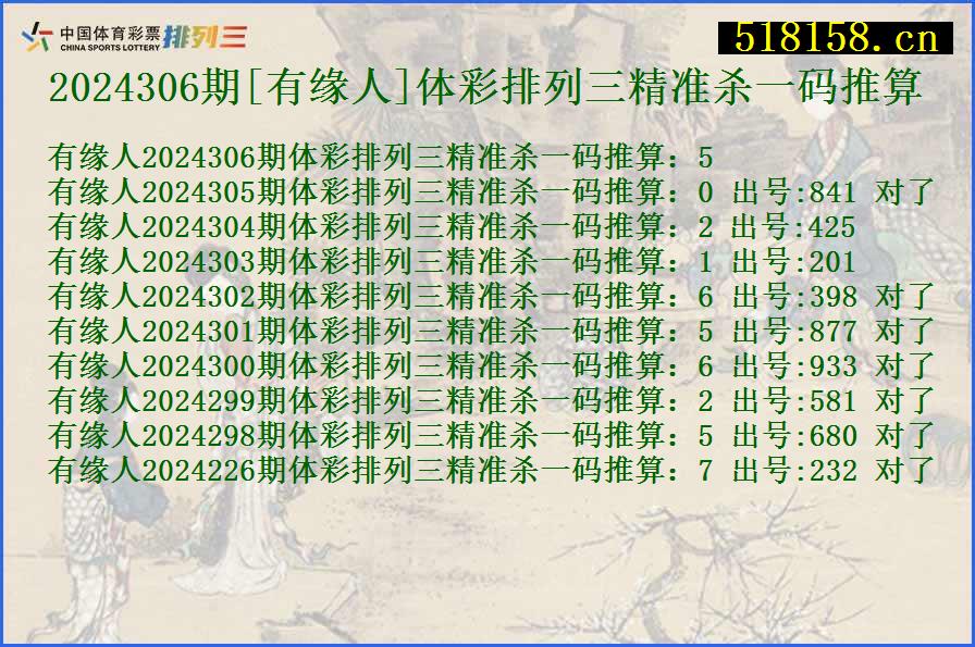 2024306期[有缘人]体彩排列三精准杀一码推算