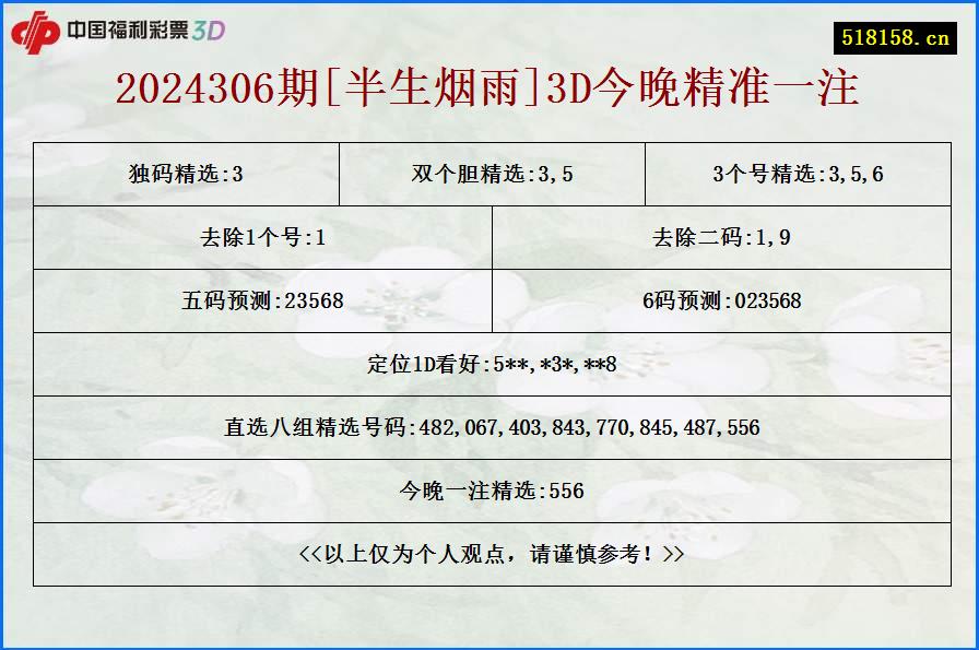 2024306期[半生烟雨]3D今晚精准一注