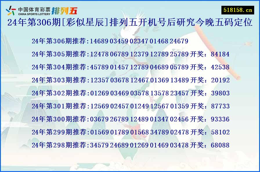 24年第306期[彩似星辰]排列五开机号后研究今晚五码定位