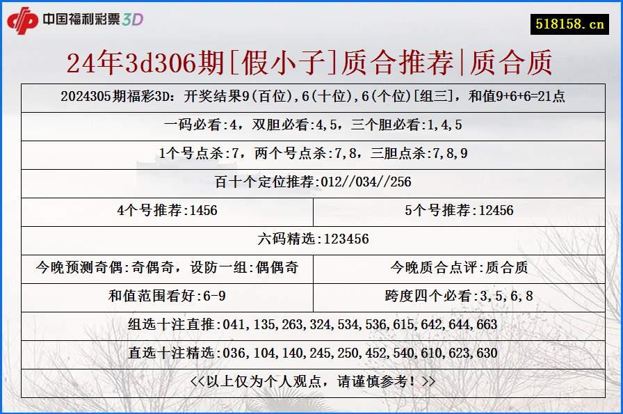 24年3d306期[假小子]质合推荐|质合质