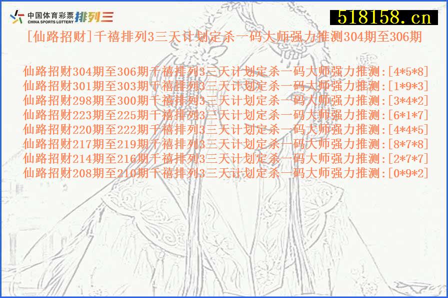 [仙路招财]千禧排列3三天计划定杀一码大师强力推测304期至306期