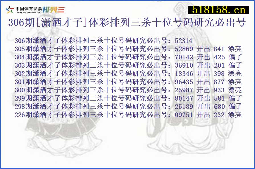 306期[潇洒才子]体彩排列三杀十位号码研究必出号