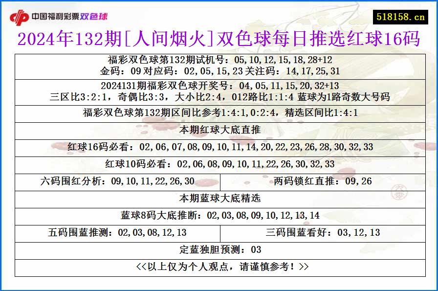 2024年132期[人间烟火]双色球每日推选红球16码