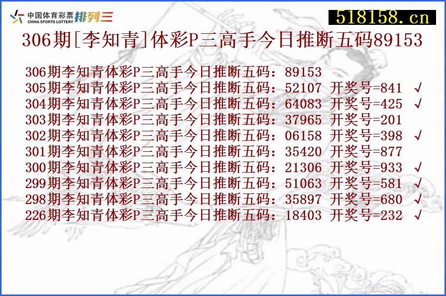 306期[李知青]体彩P三高手今日推断五码89153