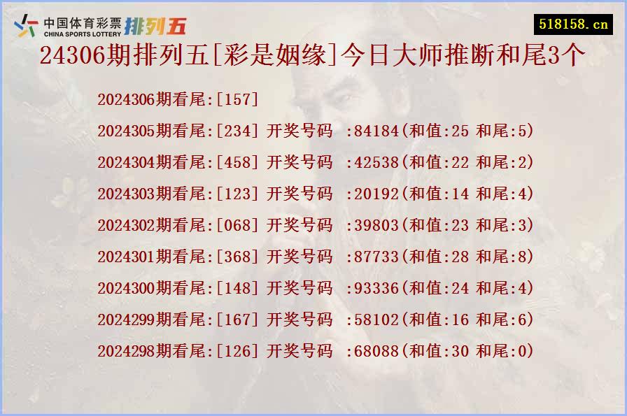 24306期排列五[彩是姻缘]今日大师推断和尾3个