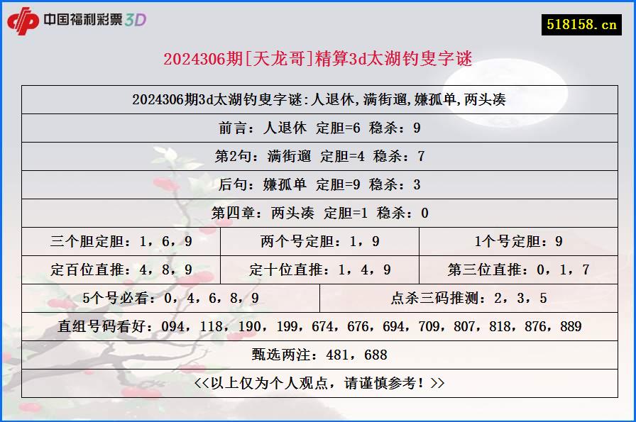 2024306期[天龙哥]精算3d太湖钓叟字谜