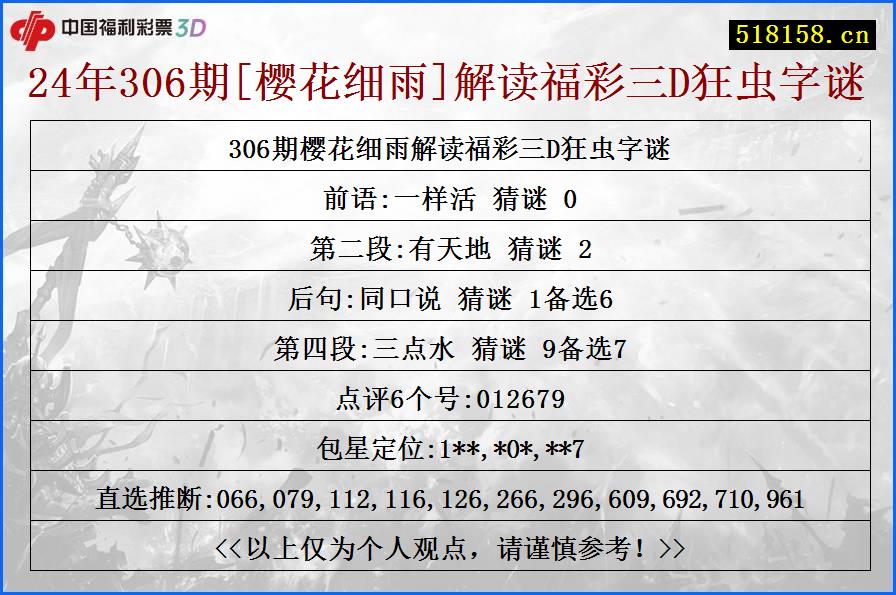 24年306期[樱花细雨]解读福彩三D狂虫字谜