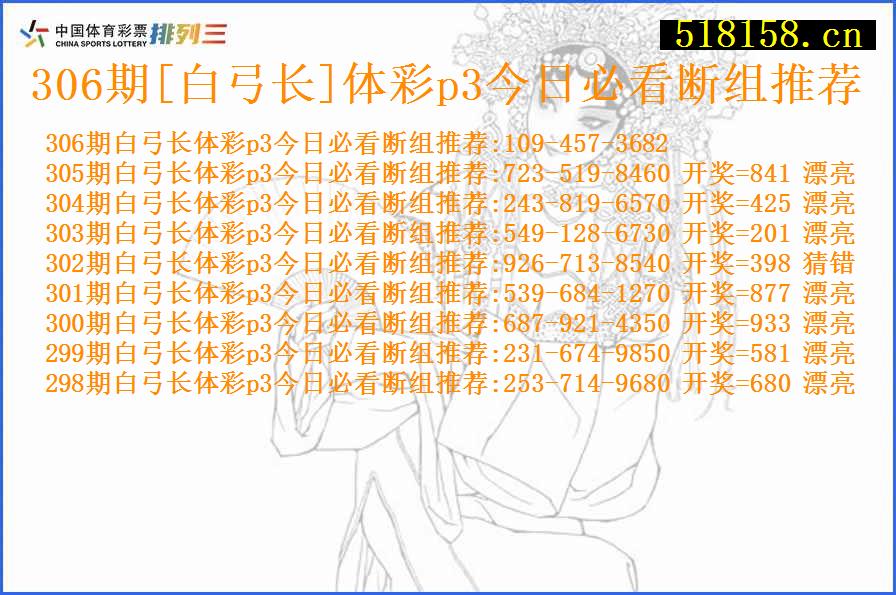 306期[白弓长]体彩p3今日必看断组推荐