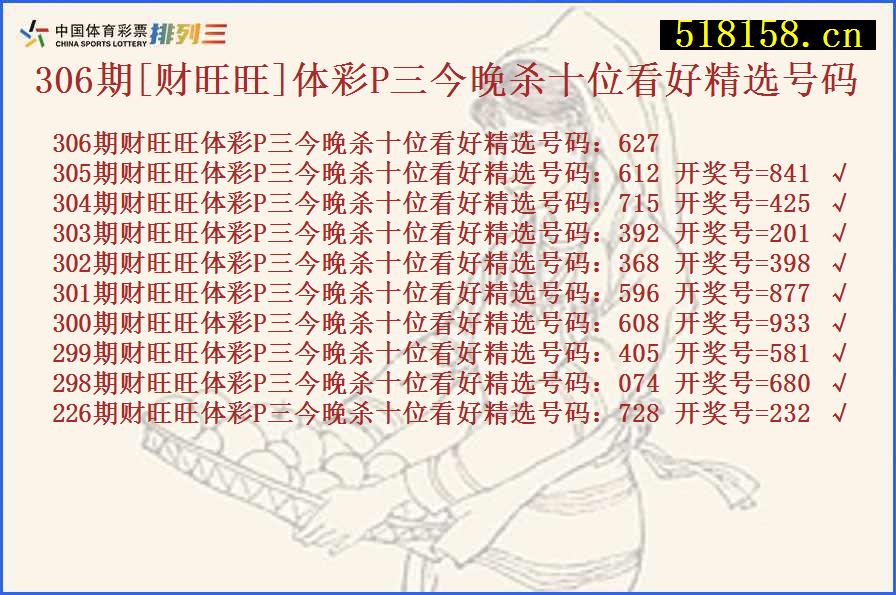 306期[财旺旺]体彩P三今晚杀十位看好精选号码