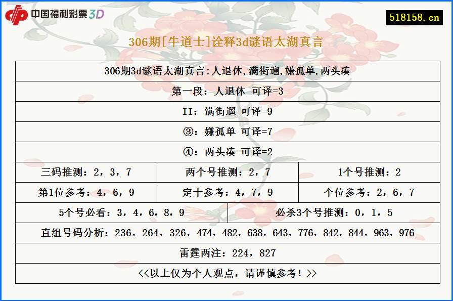 306期[牛道士]诠释3d谜语太湖真言