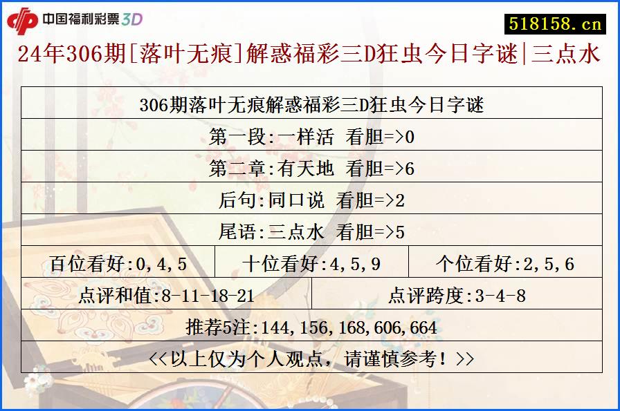 24年306期[落叶无痕]解惑福彩三D狂虫今日字谜|三点水