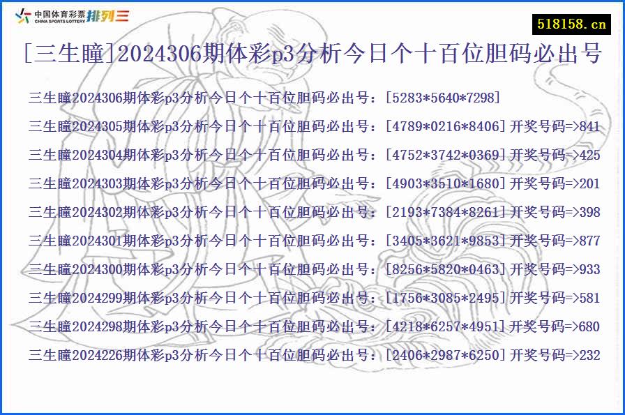 [三生瞳]2024306期体彩p3分析今日个十百位胆码必出号