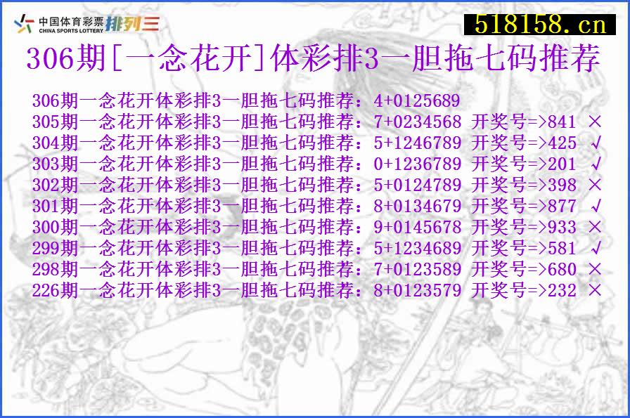 306期[一念花开]体彩排3一胆拖七码推荐