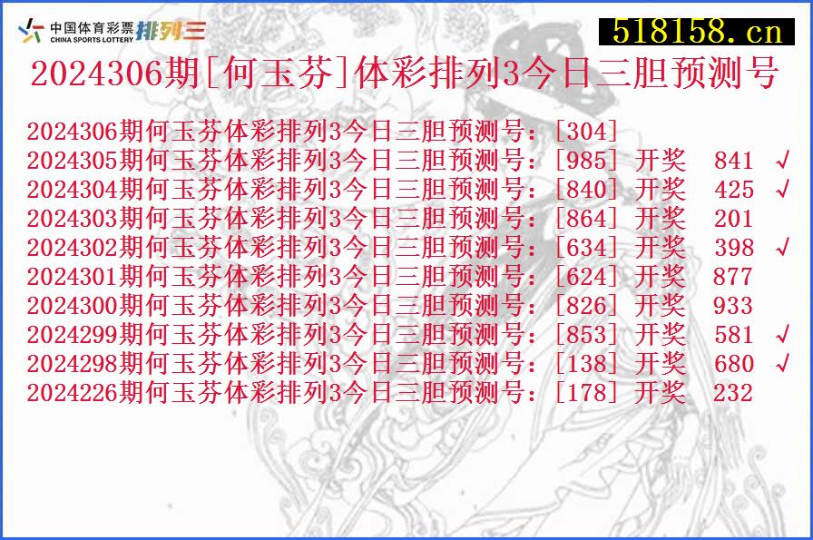 2024306期[何玉芬]体彩排列3今日三胆预测号