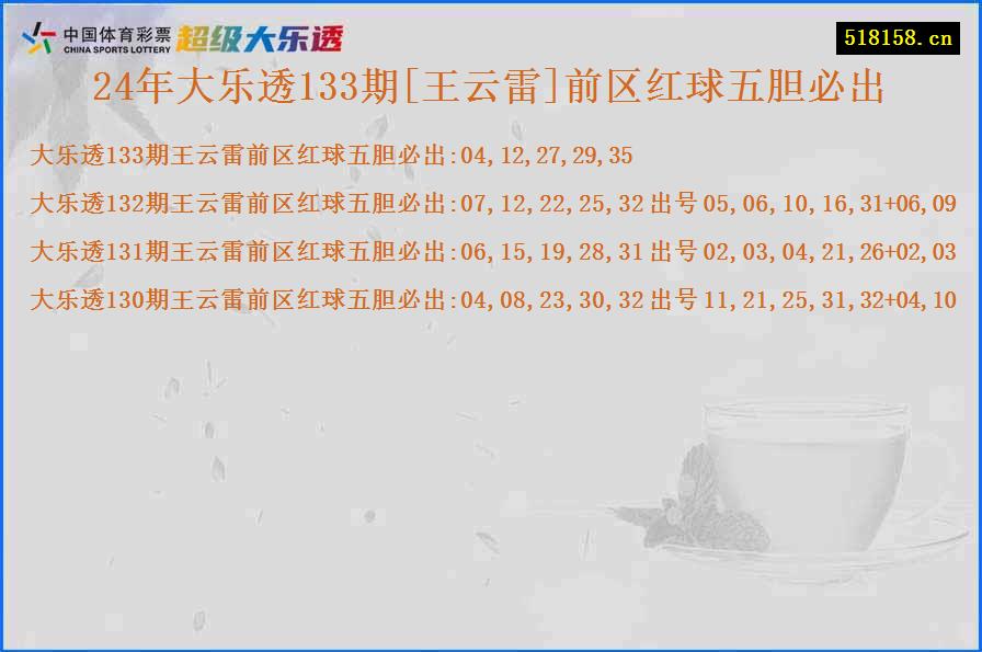 24年大乐透133期[王云雷]前区红球五胆必出