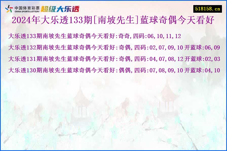 2024年大乐透133期[南坡先生]蓝球奇偶今天看好