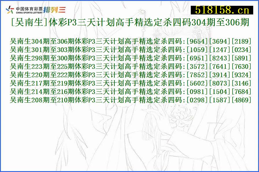 [吴南生]体彩P3三天计划高手精选定杀四码304期至306期