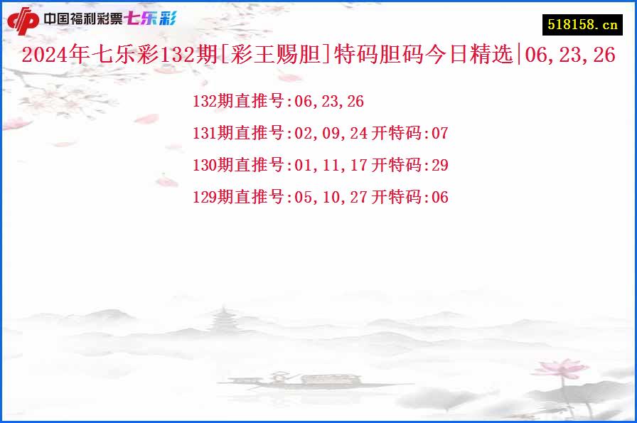 2024年七乐彩132期[彩王赐胆]特码胆码今日精选|06,23,26