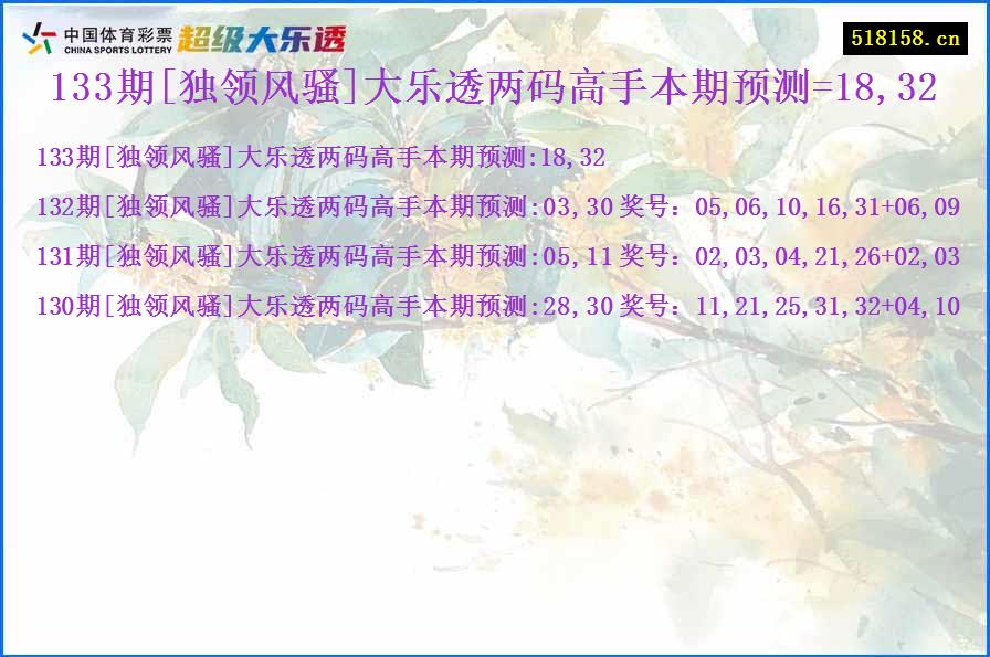 133期[独领风骚]大乐透两码高手本期预测=18,32