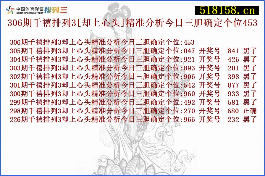 306期千禧排列3[却上心头]精准分析今日三胆确定个位453