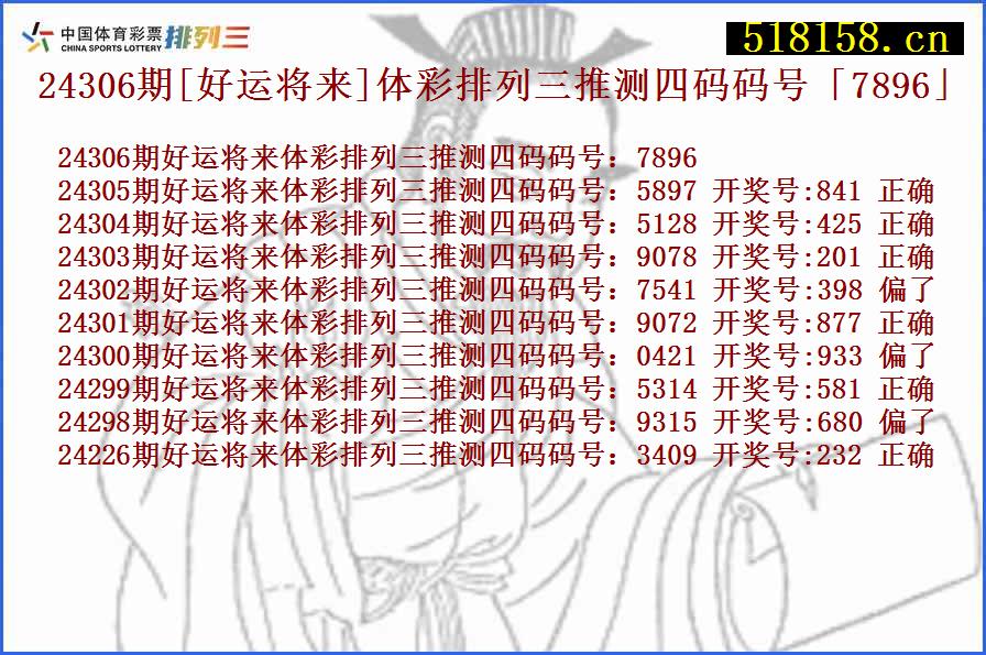 24306期[好运将来]体彩排列三推测四码码号「7896」