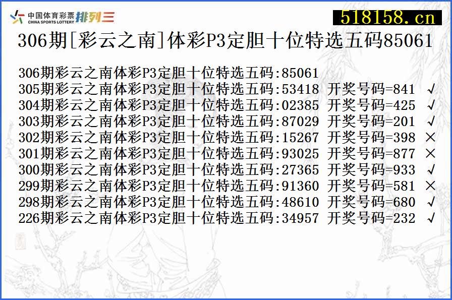 306期[彩云之南]体彩P3定胆十位特选五码85061