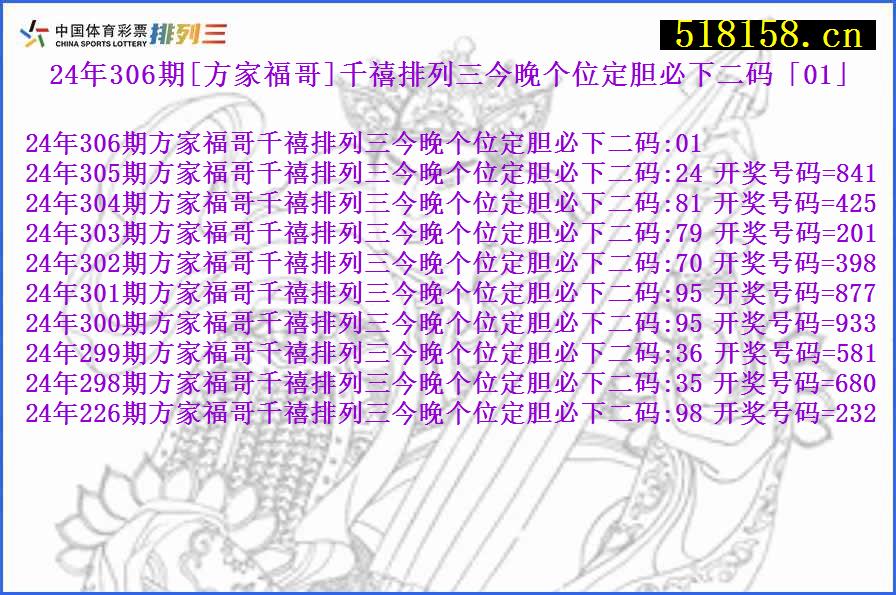 24年306期[方家福哥]千禧排列三今晚个位定胆必下二码「01」