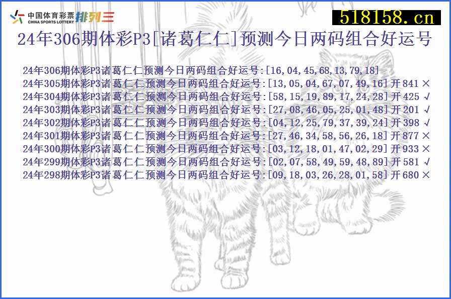 24年306期体彩P3[诸葛仁仁]预测今日两码组合好运号