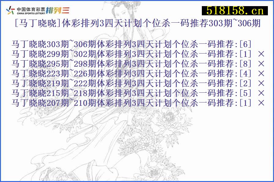 [马丁晓晓]体彩排列3四天计划个位杀一码推荐303期~306期