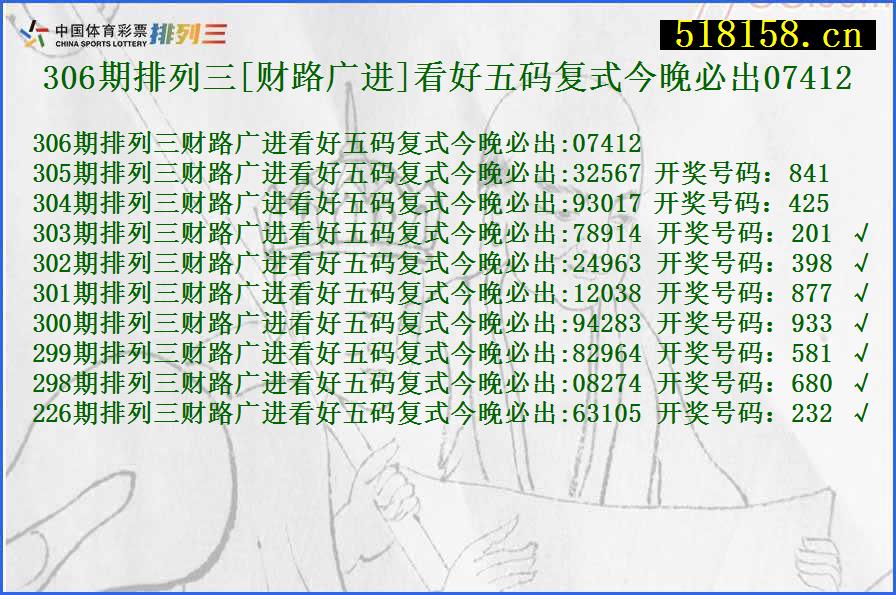 306期排列三[财路广进]看好五码复式今晚必出07412