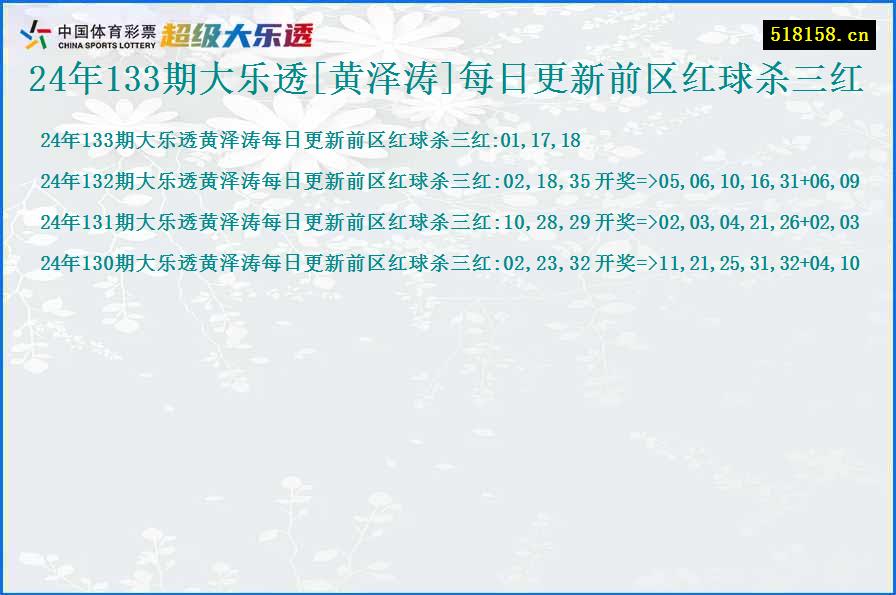 24年133期大乐透[黄泽涛]每日更新前区红球杀三红