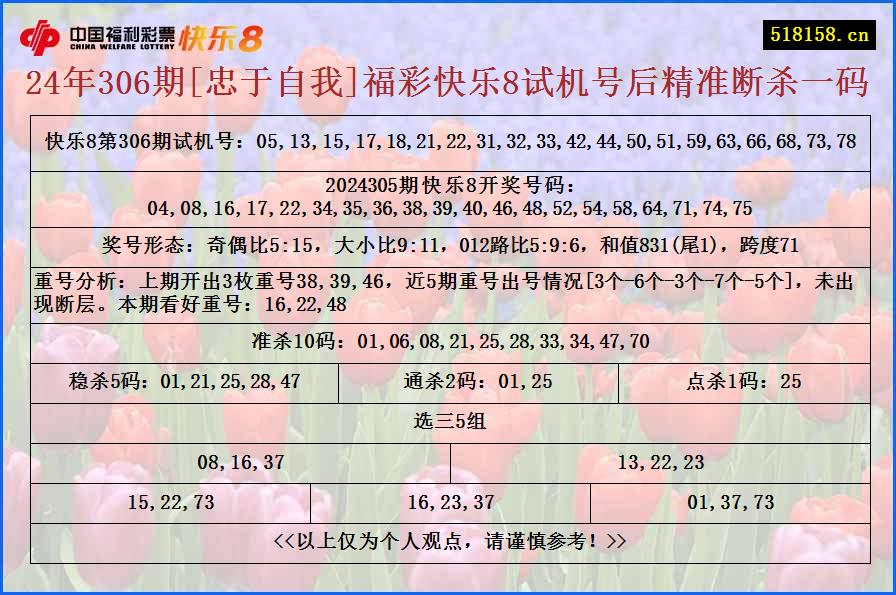 24年306期[忠于自我]福彩快乐8试机号后精准断杀一码