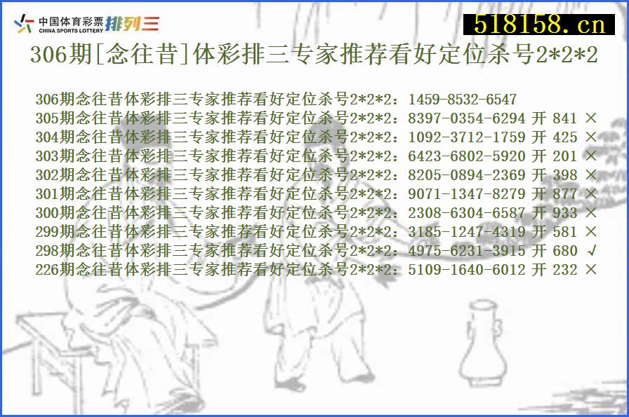 306期[念往昔]体彩排三专家推荐看好定位杀号2*2*2