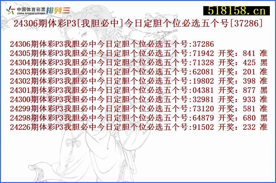 24306期体彩P3[我胆必中]今日定胆个位必选五个号[37286]