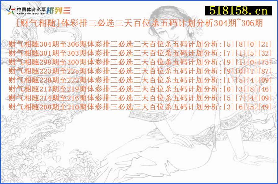 [财气相随]体彩排三必选三天百位杀五码计划分析304期~306期