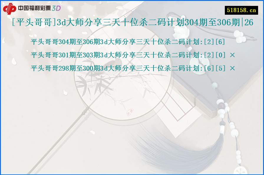 [平头哥哥]3d大师分享三天十位杀二码计划304期至306期|26