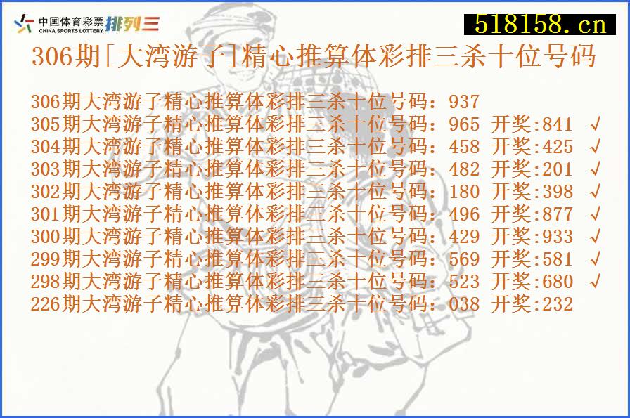 306期[大湾游子]精心推算体彩排三杀十位号码