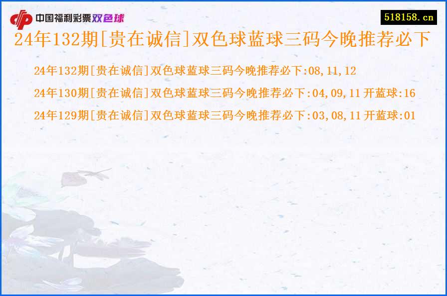 24年132期[贵在诚信]双色球蓝球三码今晚推荐必下