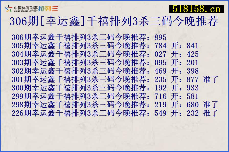 306期[幸运鑫]千禧排列3杀三码今晚推荐